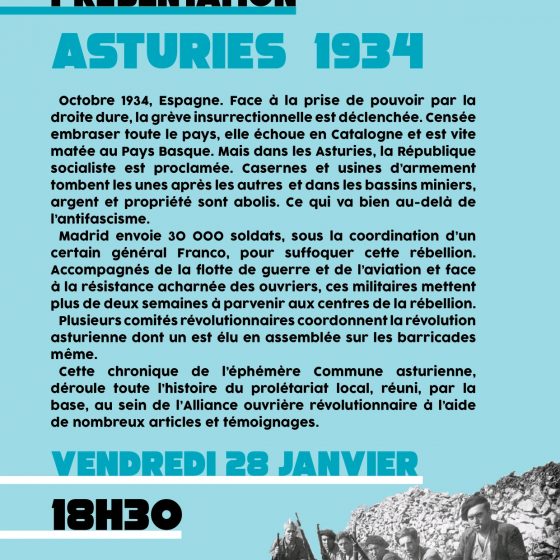 Présentation du livre "Asturies 1934, une révolution sans chef" - Vendredi 28 janvier à 18H30